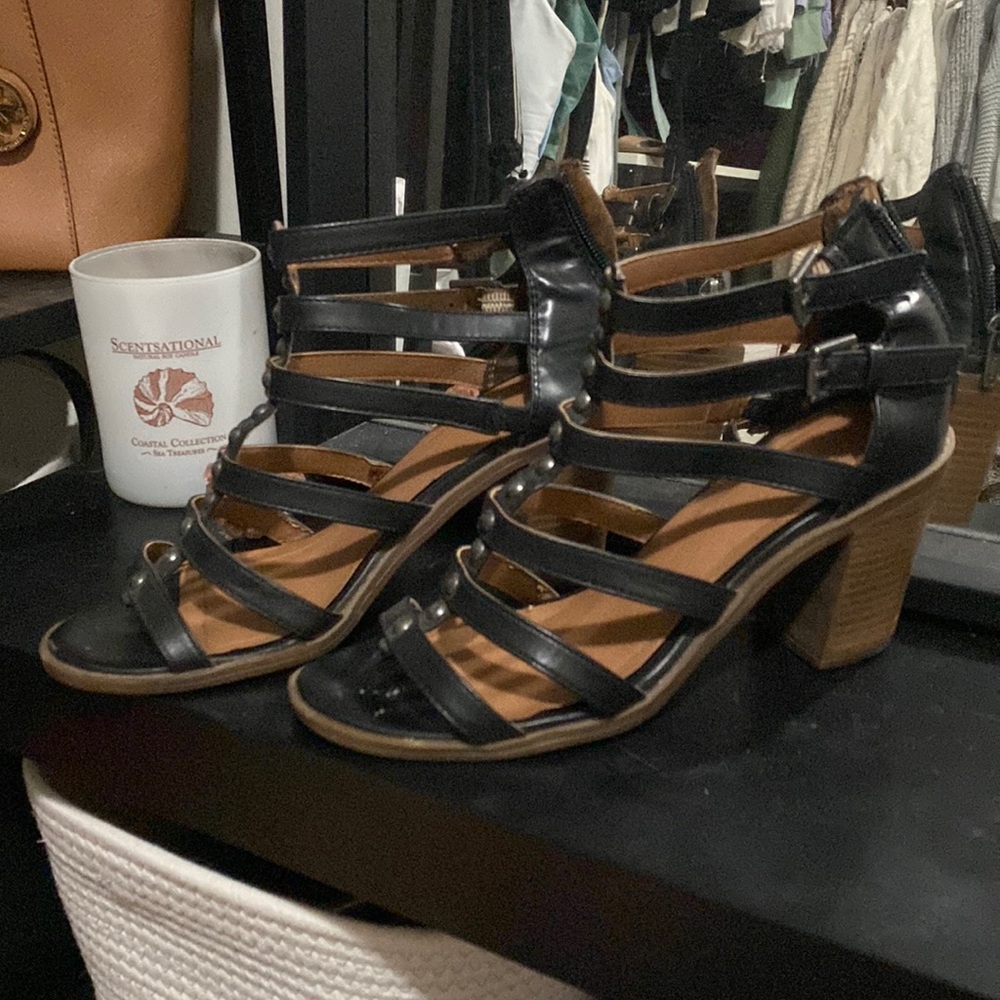 Black strappy block heeled studded sandals